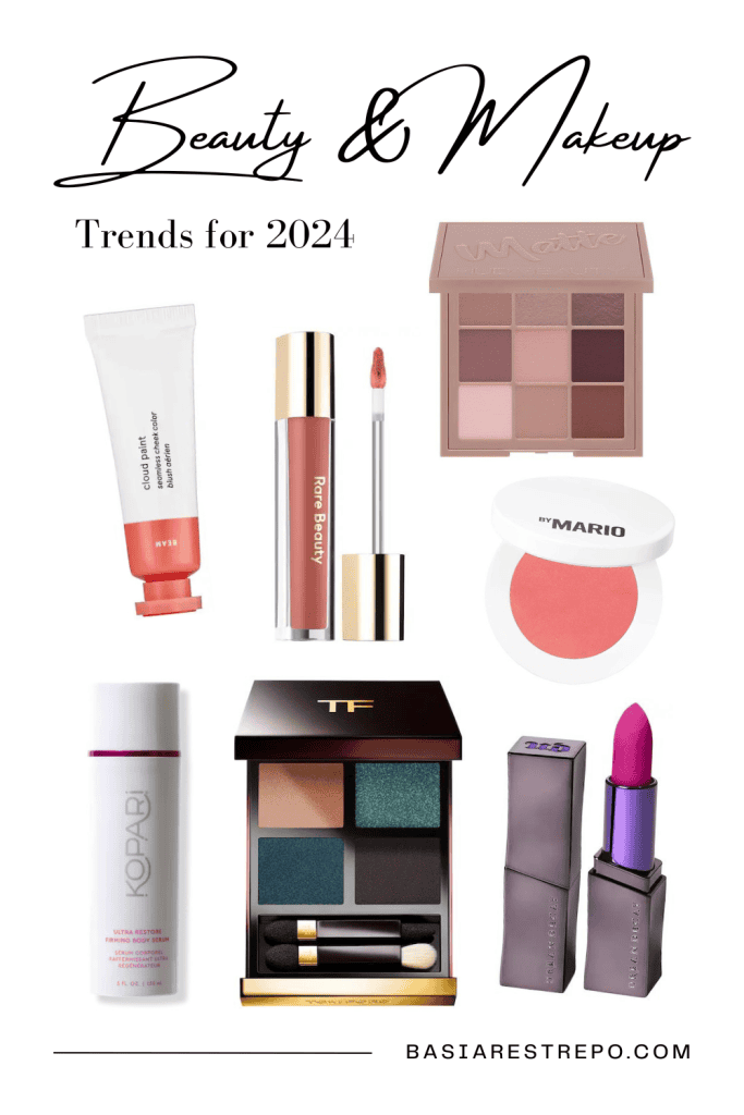 Graphic with products for my 2024 Beauty and Makeup Trends Report.