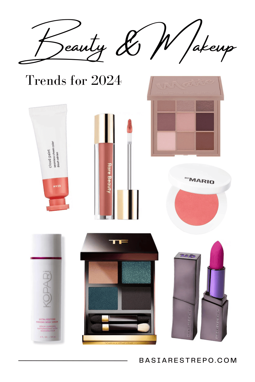 Graphic with products for my 2024 Beauty and Makeup Trends Report.