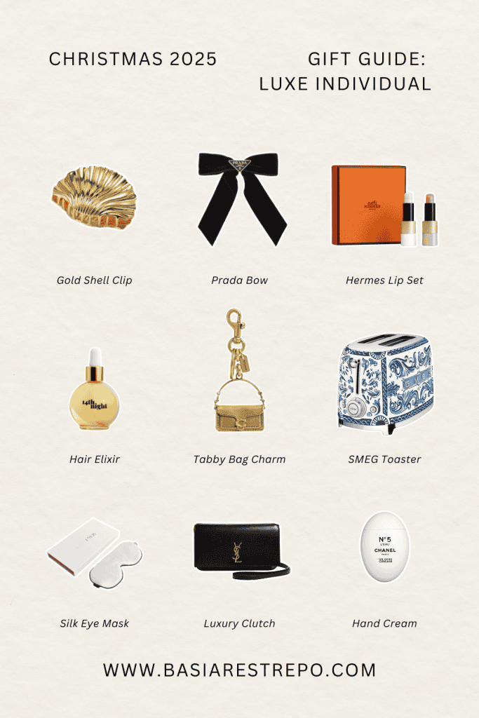 A Pinterest pin featuring images for this gift guide for the Luxe Individual
