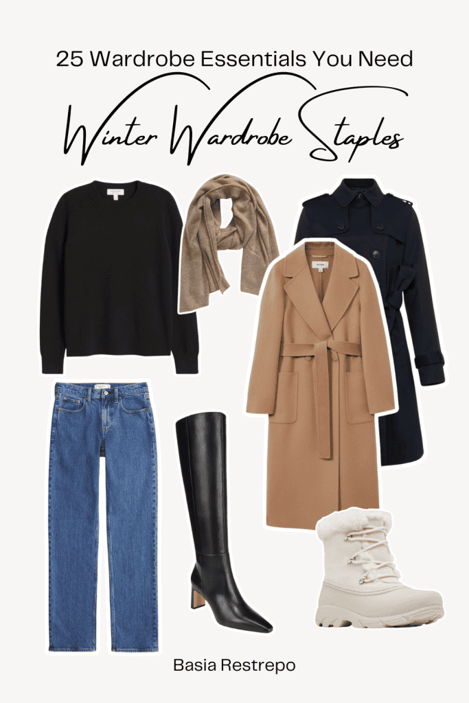 A pin with 25 Winter Wardrobe Essentials for 2024.